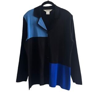 Exclusively Misook Black Blue Colorblock Acrylic Button Front Collared Cardigan